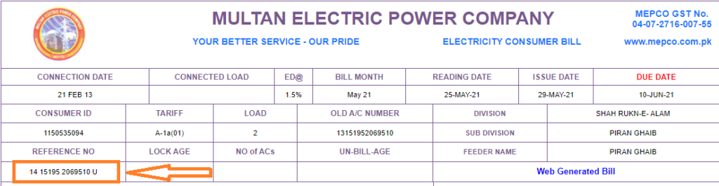 Where To Find The Reference Number on MEPCO Bill?